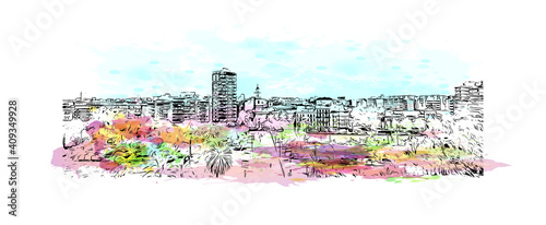 Obraz na płótnie Building view with landmark of Valencia is the
city in Spain. Watercolor splash with hand drawn sketch illustration in vector. w salonie