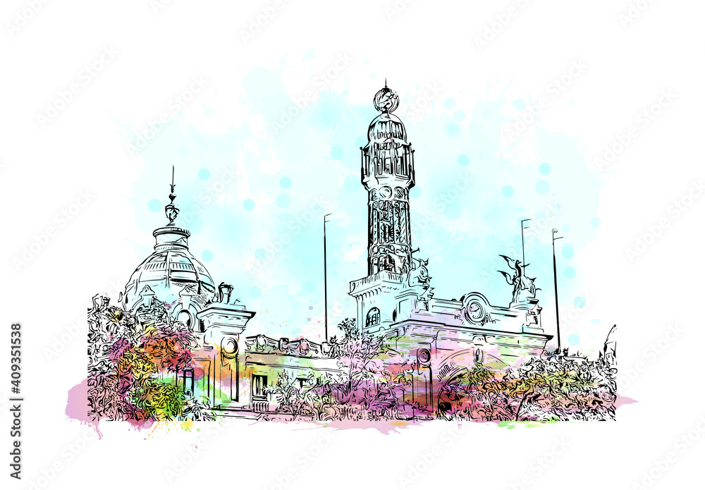 Building view with landmark of Valencia is the
city in Spain. Watercolor splash with hand drawn sketch illustration in vector.