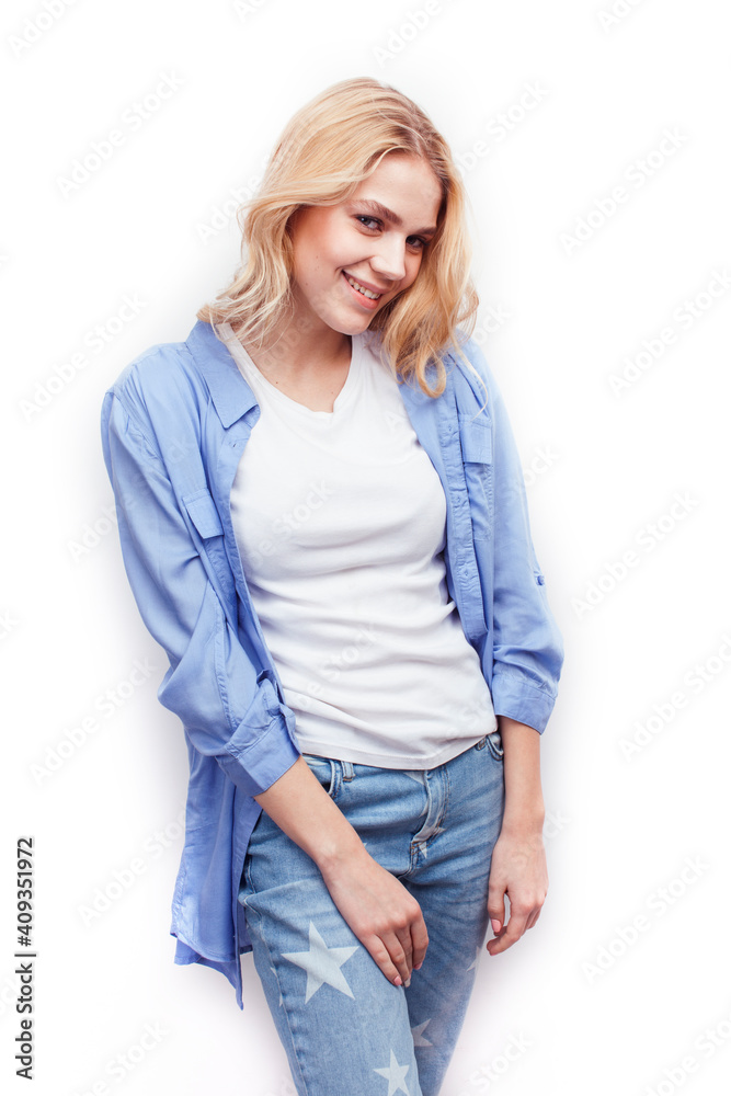 young pretty stylish blond hipster girl posing emotional isolated on white background happy smiling cool smile, lifestyle people concept young pretty stylish blond hipster girl posing emotional isolated on white background happy smiling cool smile, lifestyle people concept
