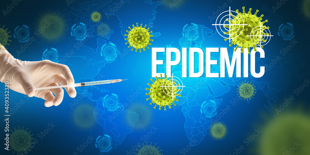 Close-up view of doctor's hand in a white glove holding syringe with EPIDEMIC inscription, coronavirus antidote concept Close-up view of doctor's hand in a white glove holding syringe with EPIDEMIC inscription, coronavirus antidote concept
