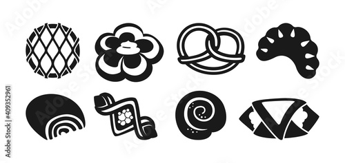Sweet buns black glyph icon set. Design menu bakery symbol, jam puff, bun. Bakery goods and wicker pretzel, bagel, croissant pastry, roll. Stylish silhouette icon modern vector illustration