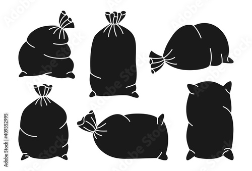 Sacks with flour or sugar black glyph set. Bag burlap linear collection. Harvest agricultural flour production. Bakery and mill symbol. Design organic farm elements, packaging label vector