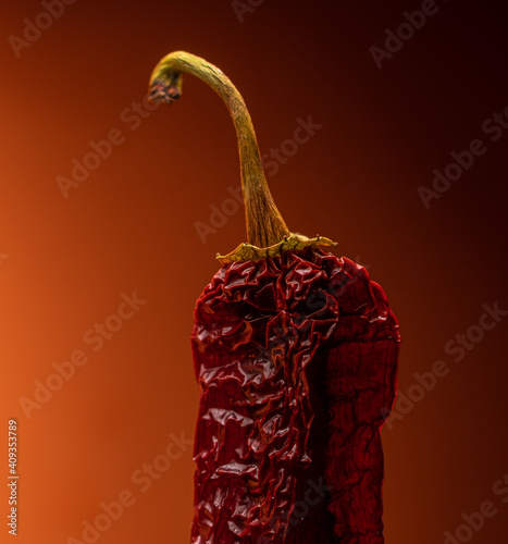 high resolution macro photograph of dried poblano chili pepper on brown orange background
