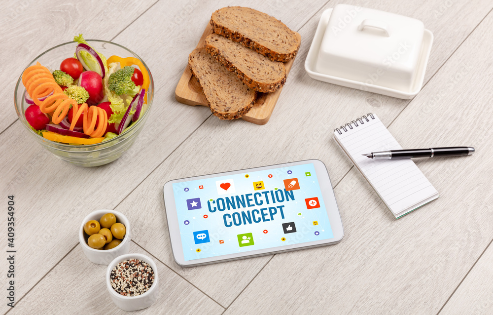 Healthy Tablet Pc compostion with CONNECTION CONCEPT inscription, Social networking concept Healthy Tablet Pc compostion with CONNECTION CONCEPT inscription, Social networking concept