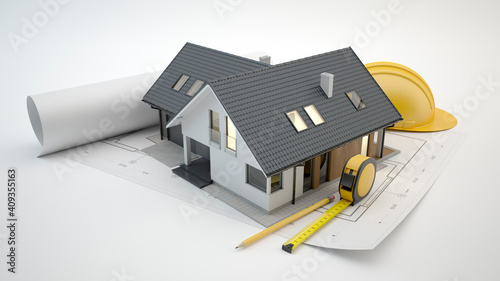 Fototapeta Naklejka Na Ścianę i Meble -  House model on the plans, architecture concept - 3d illustration