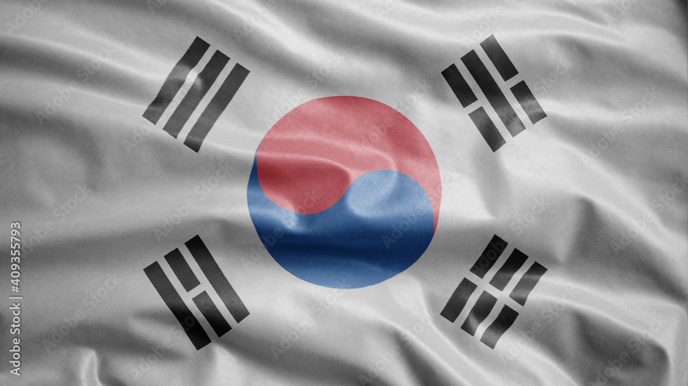 Korean flag waving in the wind. Close up of South Korea banner blowing silk Korean flag waving in the wind. Close up of South Korea banner blowing silk