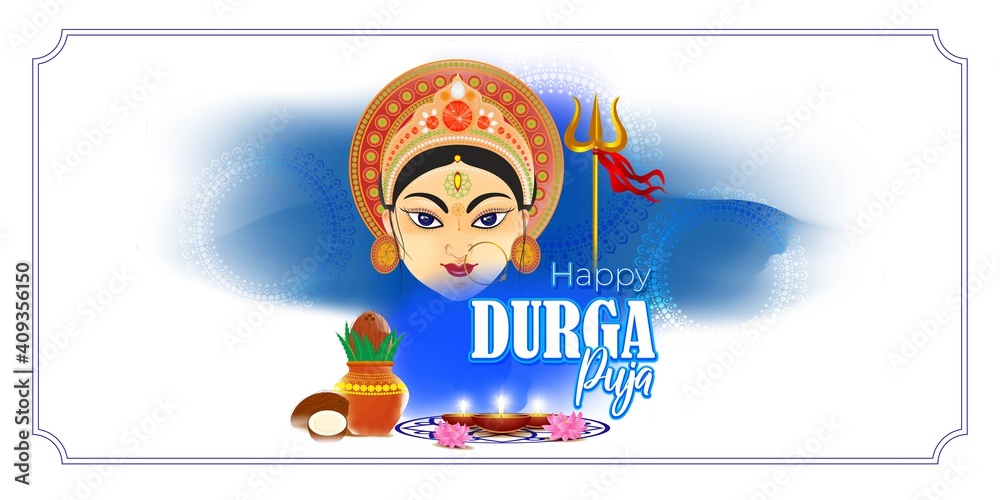Fototapeta premium illustration of Goddess Durga Face in Happy Durga Puja, Subh Navratri, maa, abstract background with text Durga puja means Durga Puja
