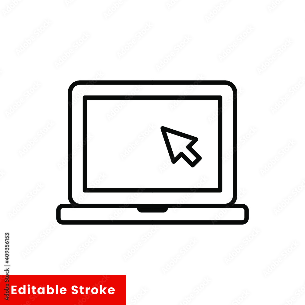 Laptop with pointer or cursor icon. Simple line style for web template and app. Online, PC, registration, internet, book, mouse, vector illustration design on white background. Editable stroke EPS 10 Laptop with pointer or cursor icon. Simple line style for web template and app. Online, PC, registration, internet, book, mouse, vector illustration design on white background. Editable stroke EPS 10