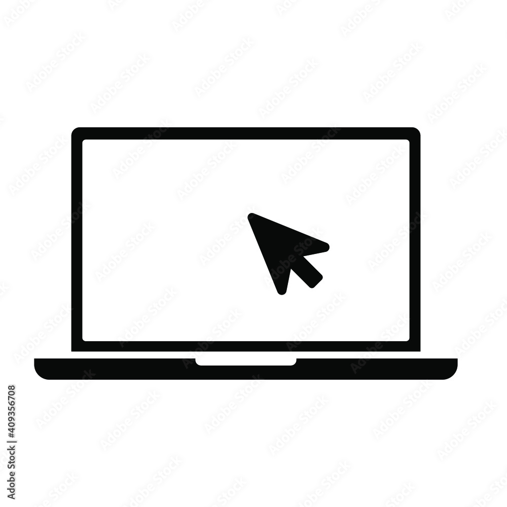 Laptop with pointer or cursor icon. Simple solid style for web template and app. Online, PC, registration, internet, book, mouse, vector illustration design on white background. EPS 10 Laptop with pointer or cursor icon. Simple solid style for web template and app. Online, PC, registration, internet, book, mouse, vector illustration design on white background. EPS 10