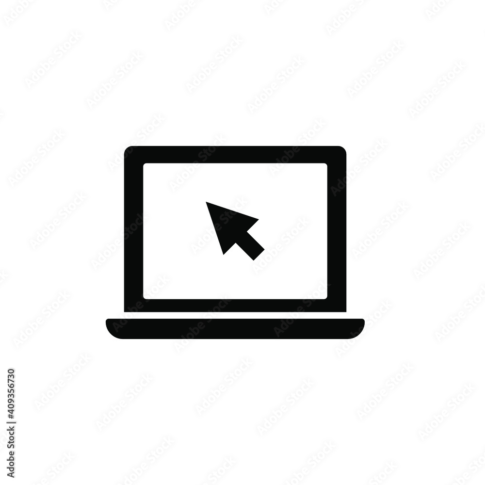 Laptop with pointer or cursor icon. Simple solid style for web template and app. Online, PC, registration, internet, book, mouse, vector illustration design on white background. EPS 10 Laptop with pointer or cursor icon. Simple solid style for web template and app. Online, PC, registration, internet, book, mouse, vector illustration design on white background. EPS 10
