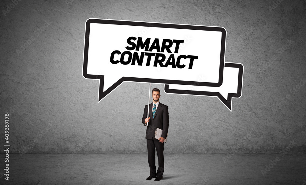 Young business person in casual holding road sign with SMART CONTRACT inscription, new business idea concept Young business person in casual holding road sign with SMART CONTRACT inscription, new business idea concept