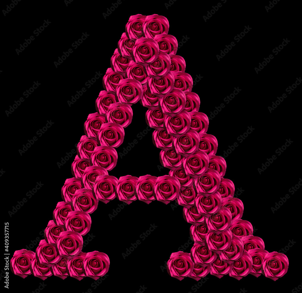 romantic concept image of a capital letter A made of red roses. Isolated on black background. Design element for love or valentines themes romantic concept image of a capital letter A made of red roses. Isolated on black background. Design element for love or valentines themes