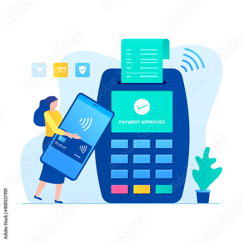 Contactless payment illustration concept with woman character. Illustration for websites, landing pages, mobile applications, posters and banners