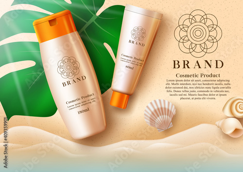 Cosmetics sunscreen product vector template design. Cosmetic products mock up in seashore background with elements like 3d realistic sunblock lotion bottles for summer skin care advertisement.