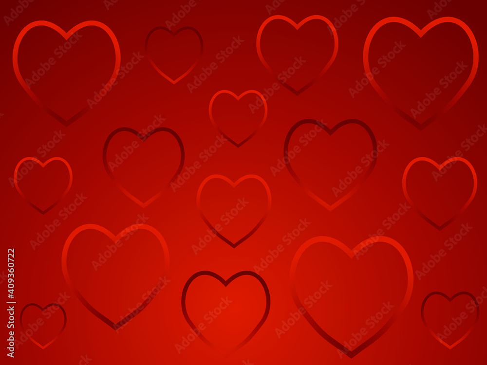 Vector illustration with red hearts on a red background. Greeting card with hearts