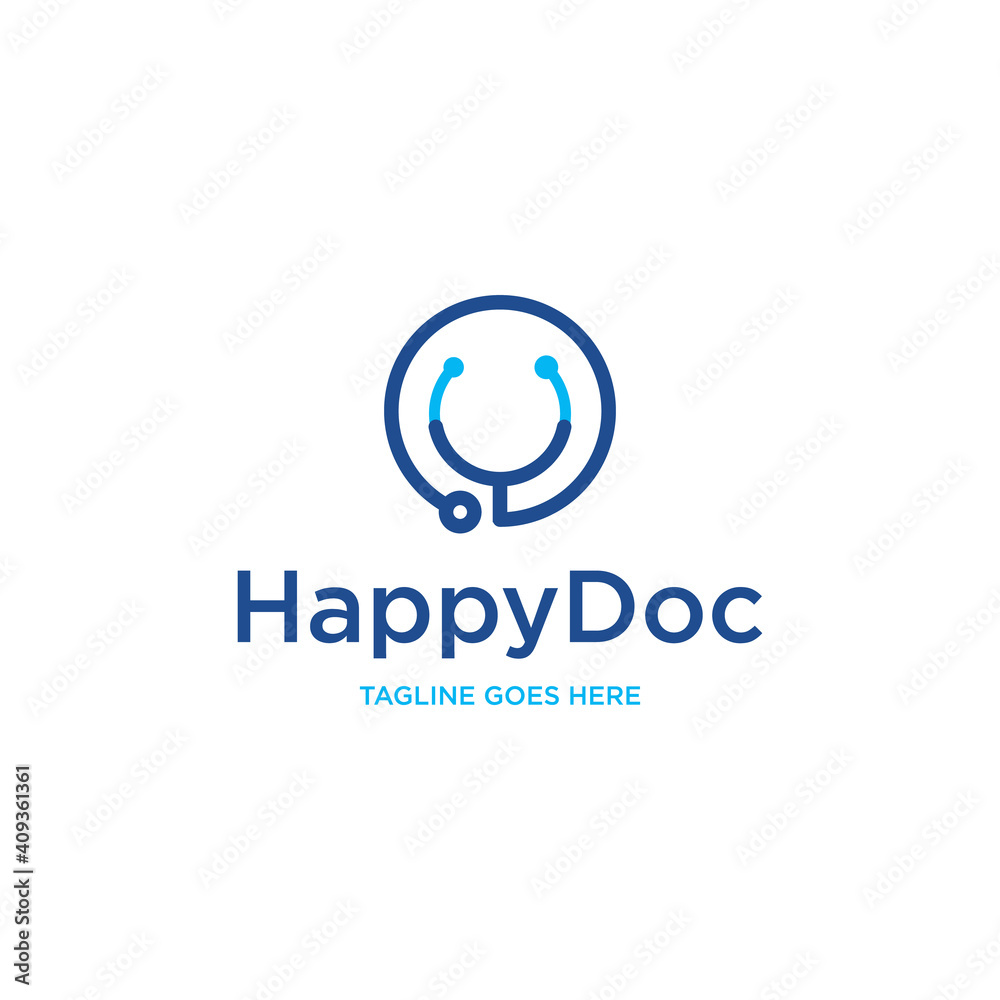 Fototapeta premium Happy Doctor logo with stethoscope isolated on white Background. Usable for Business and Branding Logos. Flat Vector Logo Design Template Element.