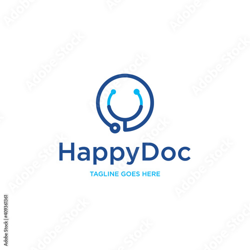Happy Doctor logo with stethoscope  isolated on white Background. Usable for Business and Branding Logos. Flat Vector Logo Design Template Element.
