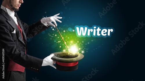 Magician is showing magic trick with Writer inscription, educational concept