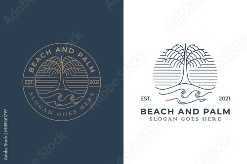 vintage retro badge logo of beach palm for vacation, summer symbol with two versions