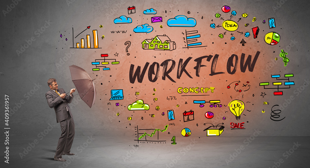 Determined businessman hiding behind umbrella with WORKFLOW inscription, new business concept Determined businessman hiding behind umbrella with WORKFLOW inscription, new business concept