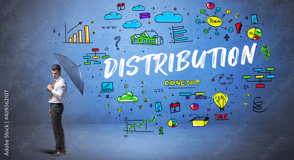 Determined businessman hiding behind umbrella with DISTRIBUTION inscription, new business concept Determined businessman hiding behind umbrella with DISTRIBUTION inscription, new business concept