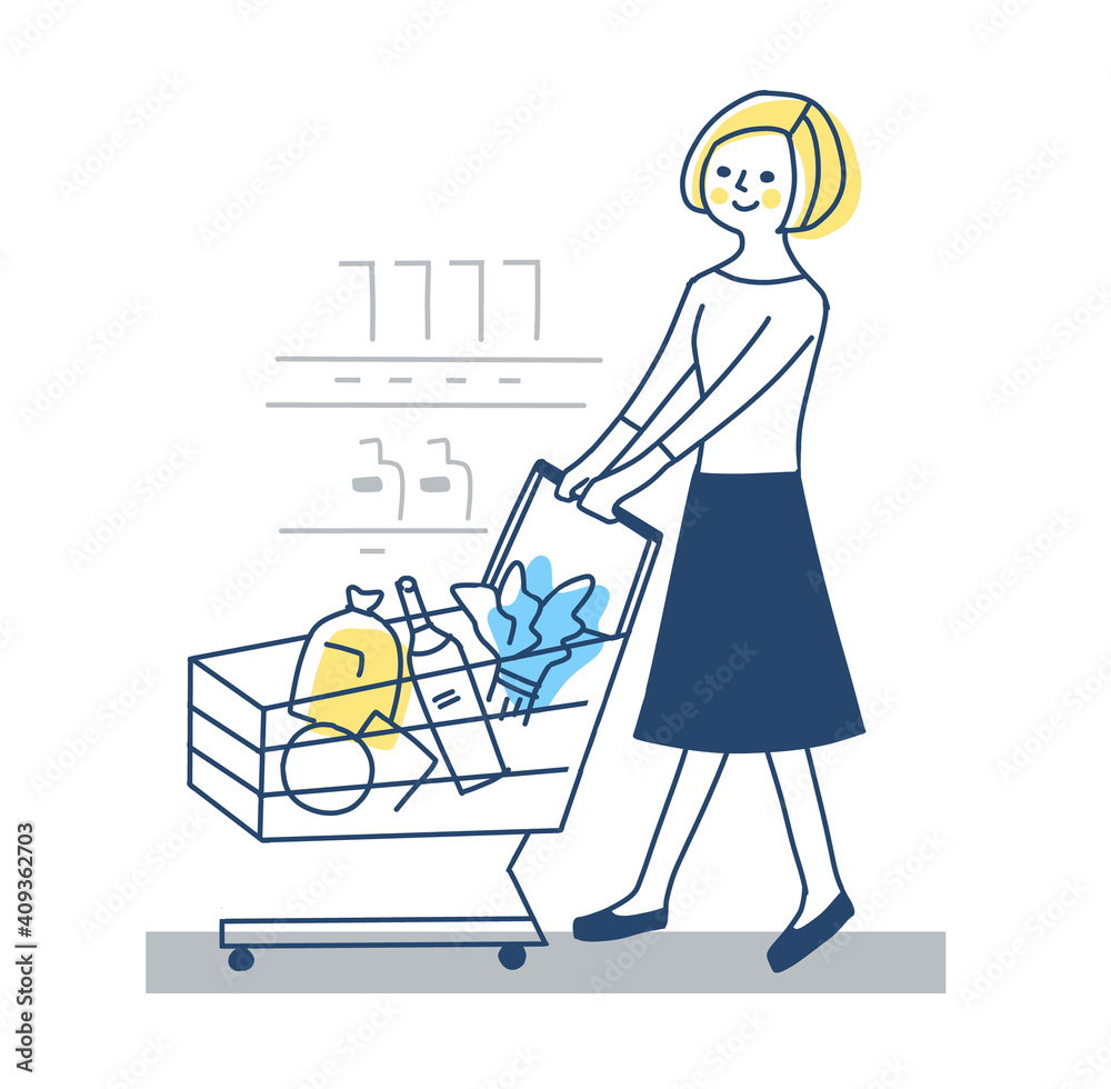 ショッピングカートを押して買い物をする女性 ショッピングカートを押して買い物をする女性