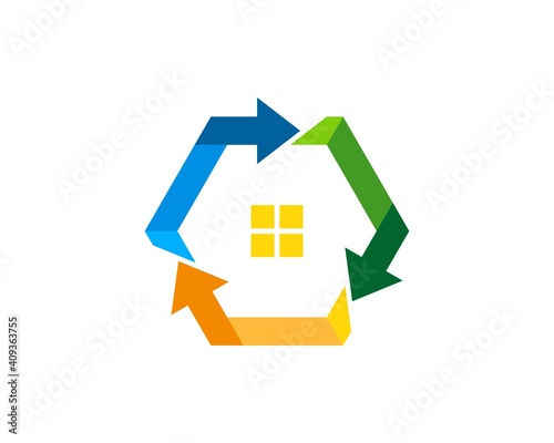 Hexagonal arrow with house inside