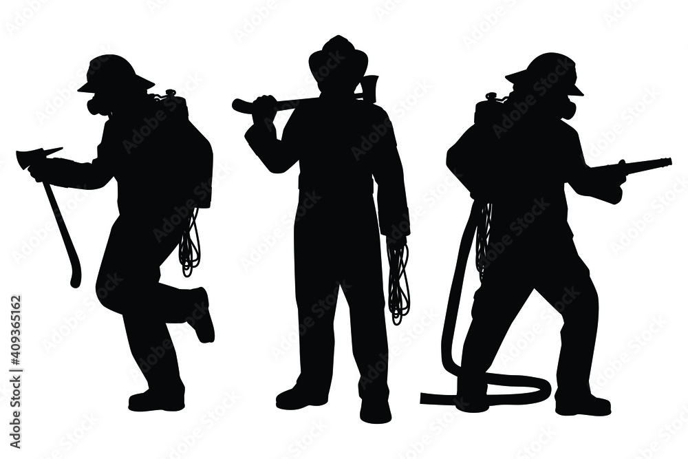 Set of firefighter with equipment silhouette vector on white background