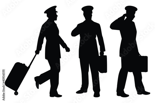 Set of airline pilot with suitcase silhouette vector on white background