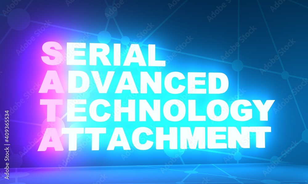 SATA - Serial technology advanced attachment acronym. Technology concept background. 3D rendering. Neon bulb illumination