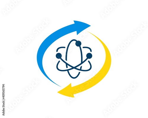 Upside down arrow with atom symbol inside
