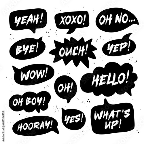 Hand drawn set of speech black bubbles with handwritten short phrases yes, bye, hooray, wow, oh boy, xoxo, what's up, ouch, oh, yeah, oh no, yep, hello.