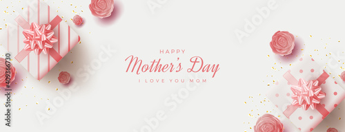 Mother's day banner with two pink gift boxes.