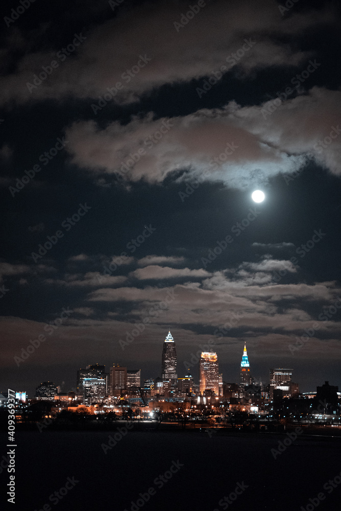 Cleveland Ohio Skyline at night during a full moon