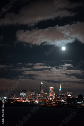 Cleveland Ohio Skyline at night during a full moon
