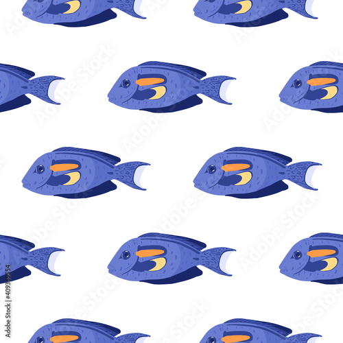 Isolated doodle ocean seamless pattern with bright blue surgeon fish shapes. White background.