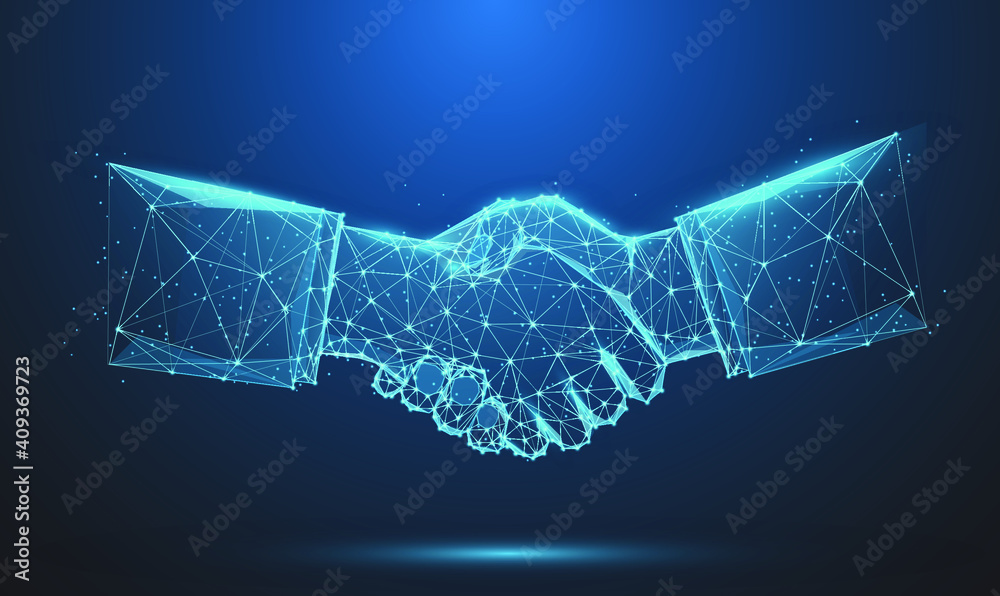 Abstract image of Business handshake in glowing blue. Low polygon, particle, and triangle style design.Wireframe light connection structure or points, lines, and shapes in the form of planets, stars