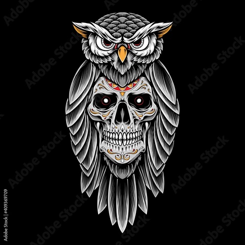 skull owl vector tattoo illustration