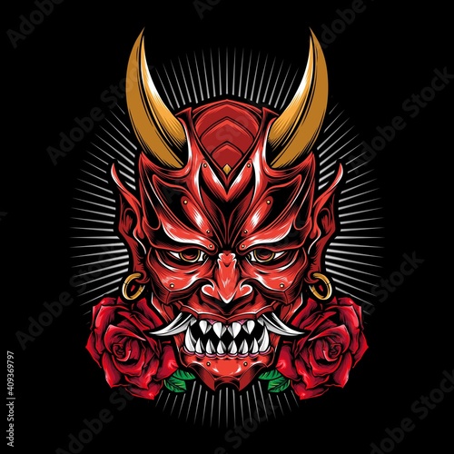 scary oni mask with rose vector