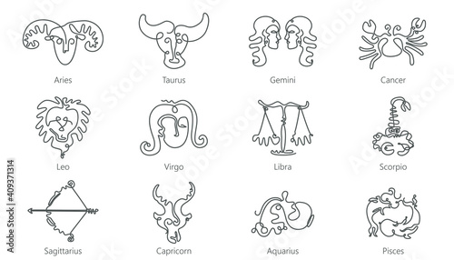 Set of zodiac signs. Vector illustration of the twelve zodiacal constellations line drawing design.