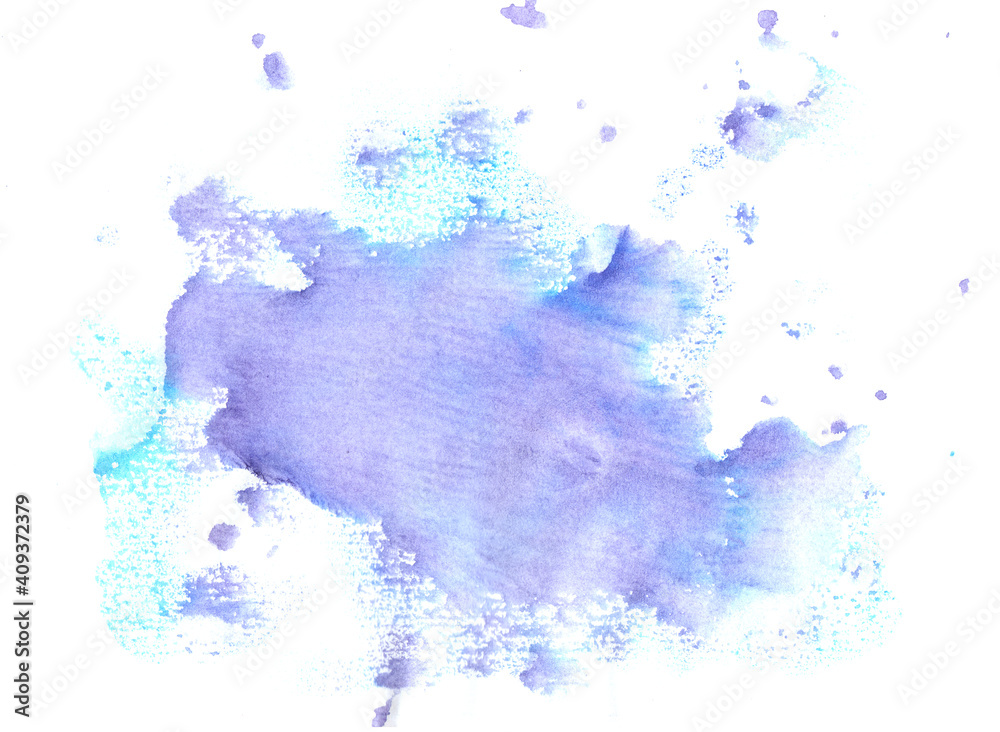 Interesting watercolor print on paper. Abstract spot. Blue violet colors. Design element for banner, advertisement, template, cover, internet, postcard, invitation.