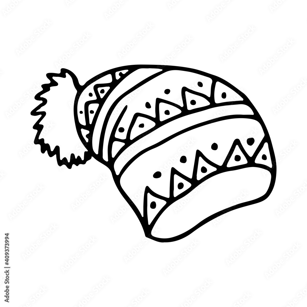 Warm knitted hat. Hand drawn vector illustration. Sketch of winter clothes with a pattern. Blown outline style. For design, decor, print, cards, stickers. Warm knitted hat. Hand drawn vector illustration. Sketch of winter clothes with a pattern. Blown outline style. For design, decor, print, cards, stickers.