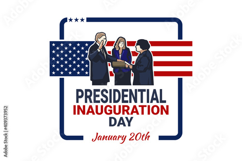 January 20th, US Presidential Inauguration Day  celebration concept greeting card with cartoon of the presidential oath ceremony vector illustration. 