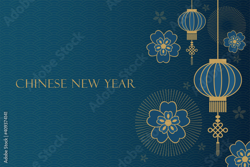 Chinese New Year celebration dark blue gradient background. Lanterns flowers and fireworks decoration. Vector illustration. 