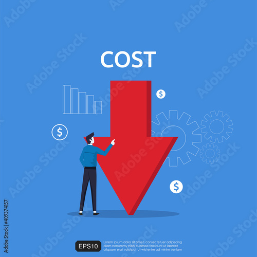 Cost reduction concept with businessman character and down arrow symbol vector illustration.