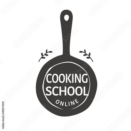 Hand drawn flying pan illustration, logo design for online cooking school