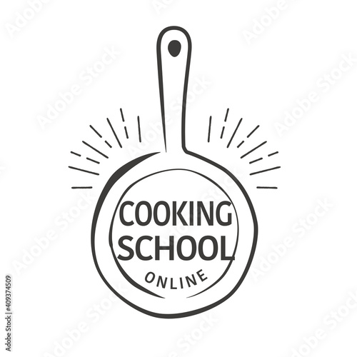 Hand drawn flying pan illustration, logo design for online cooking school