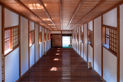 Wooden corridor in traditional Japanese architecture style in Wakayama, Japan.