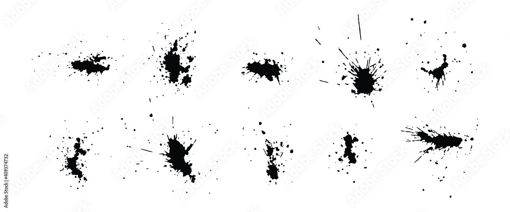 Fototapeta premium a collection of black ink splashes for graphic design elements. Abstract ink stroke and splash texture on white paper. Hand drawn illustration brush for dirty texture.
