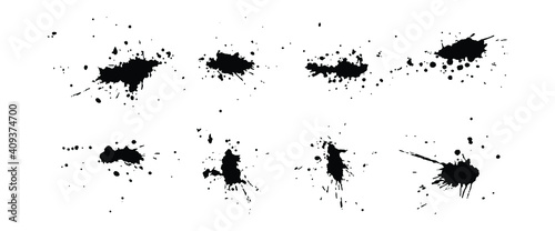 a collection of black ink splashes for graphic design elements. Abstract ink stroke and splash texture on white paper. Hand drawn illustration brush for dirty texture.